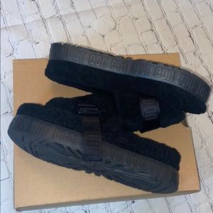 Black Fluffita Shearling Platform Slide Slippers